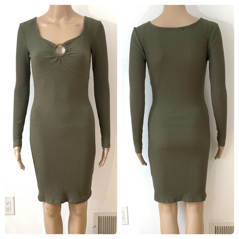 New Womens Green Long Sleeve Bodycon Sweater Dress